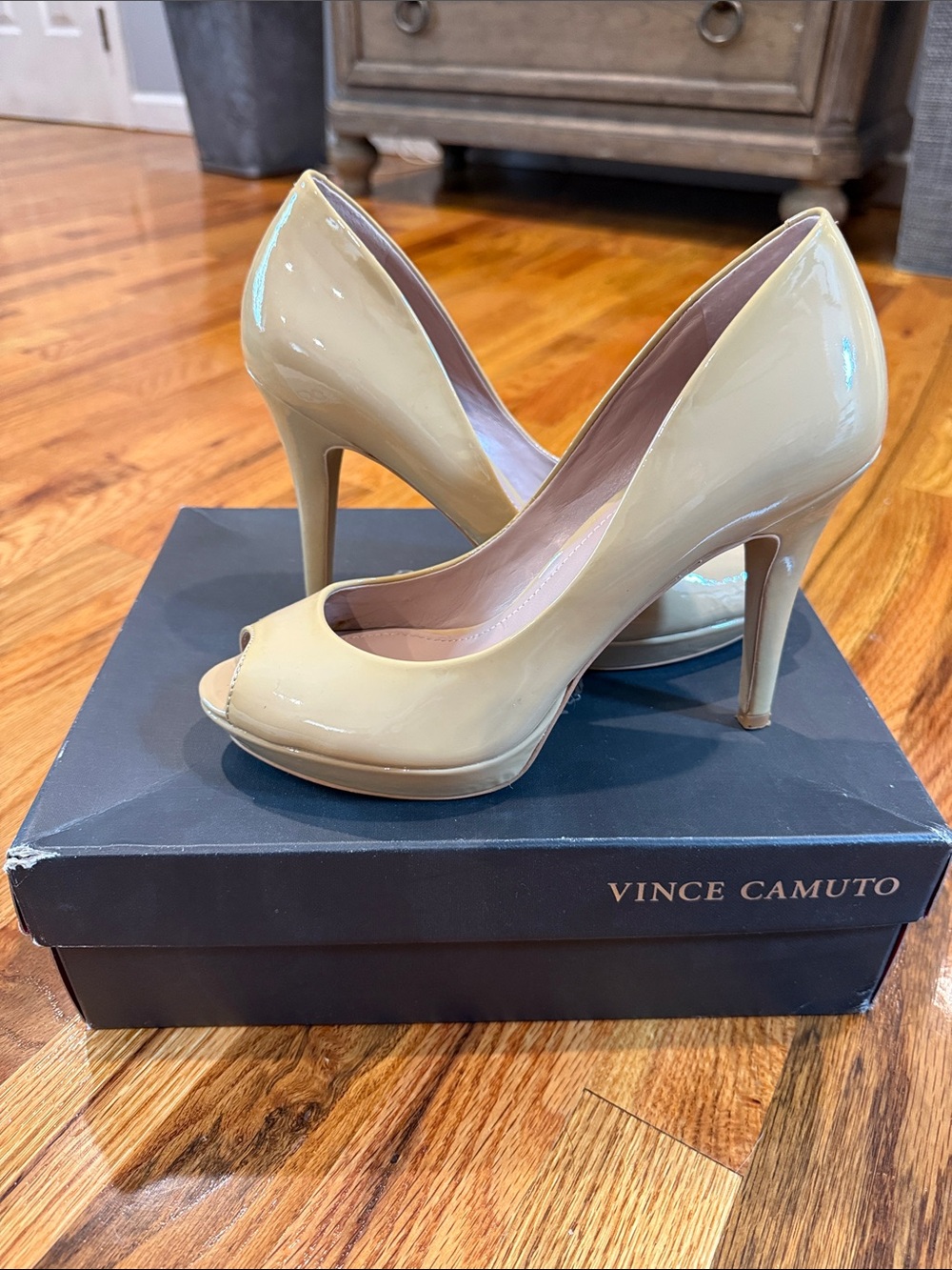 Vince Camuto Beige Patent Peep-Toe Stiletto Pumps
